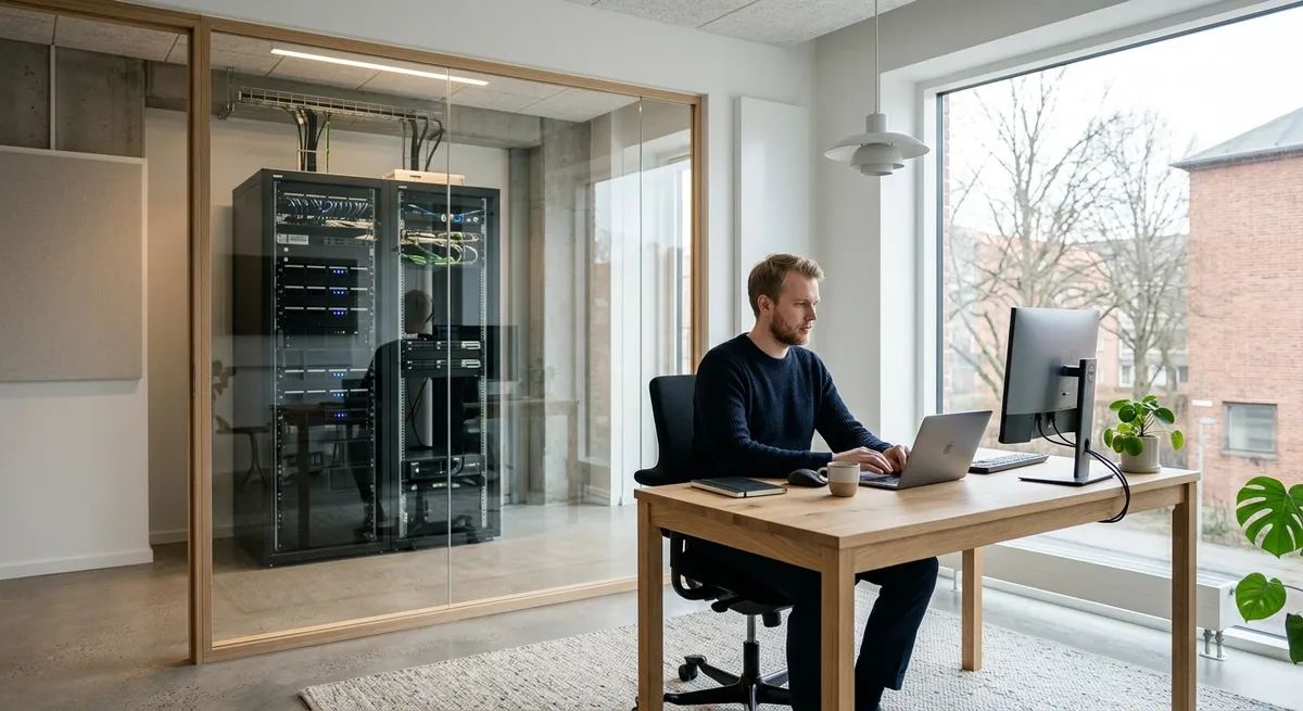IT-professionel i et lyst skandinavisk kontor med cloud hosting servere i baggrunden